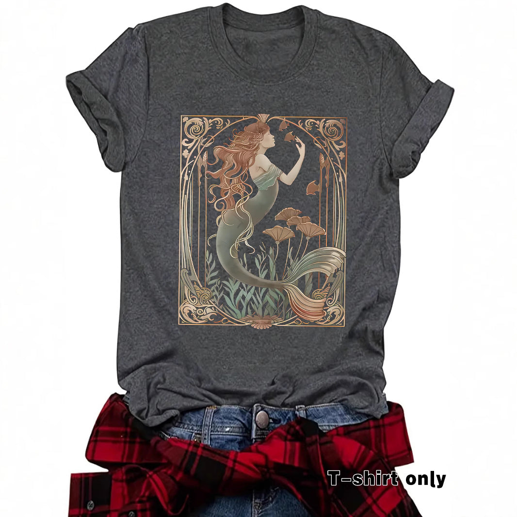 Women's Casual Feminist Mermaid Pattern Summer Round Neck Women's T-shirt