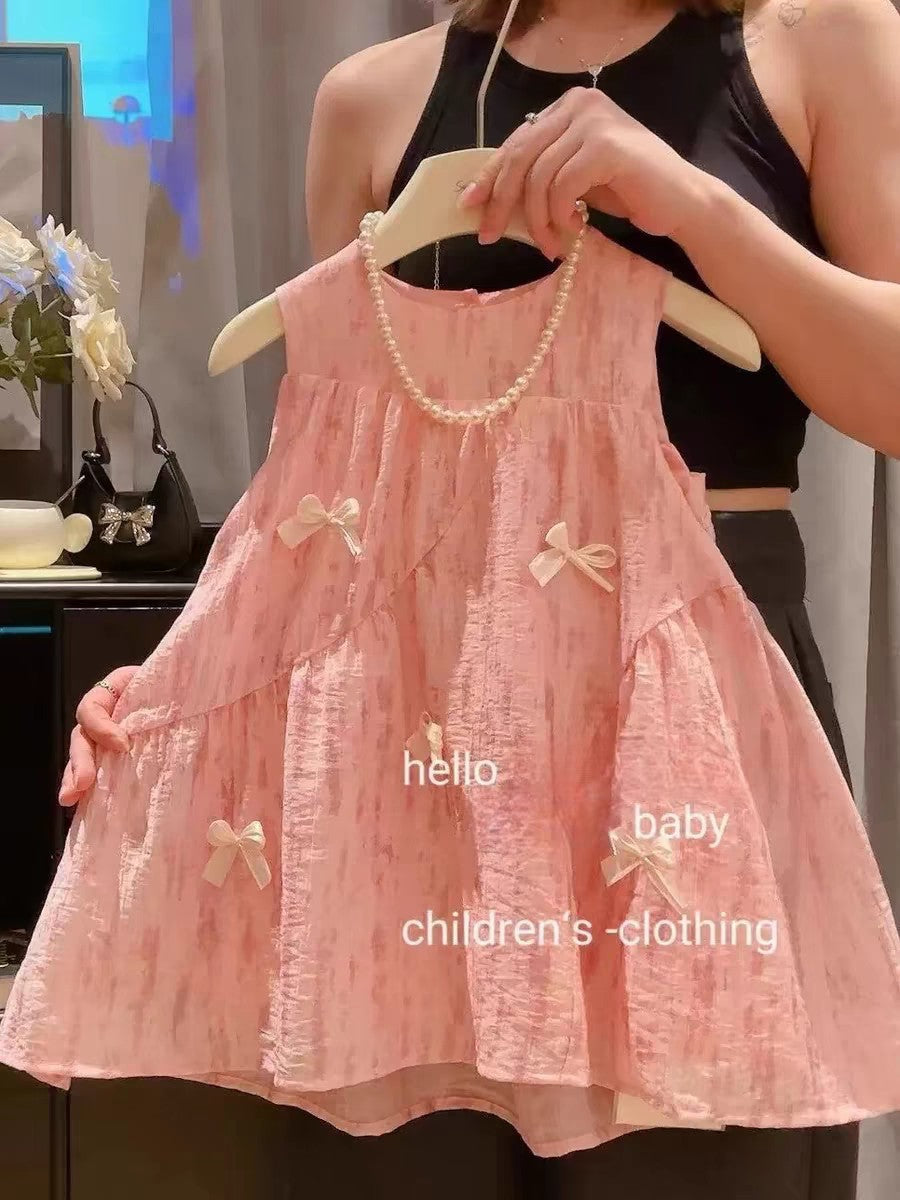 Korean Style Sleeveless Bow Pink Cute Children's Dress