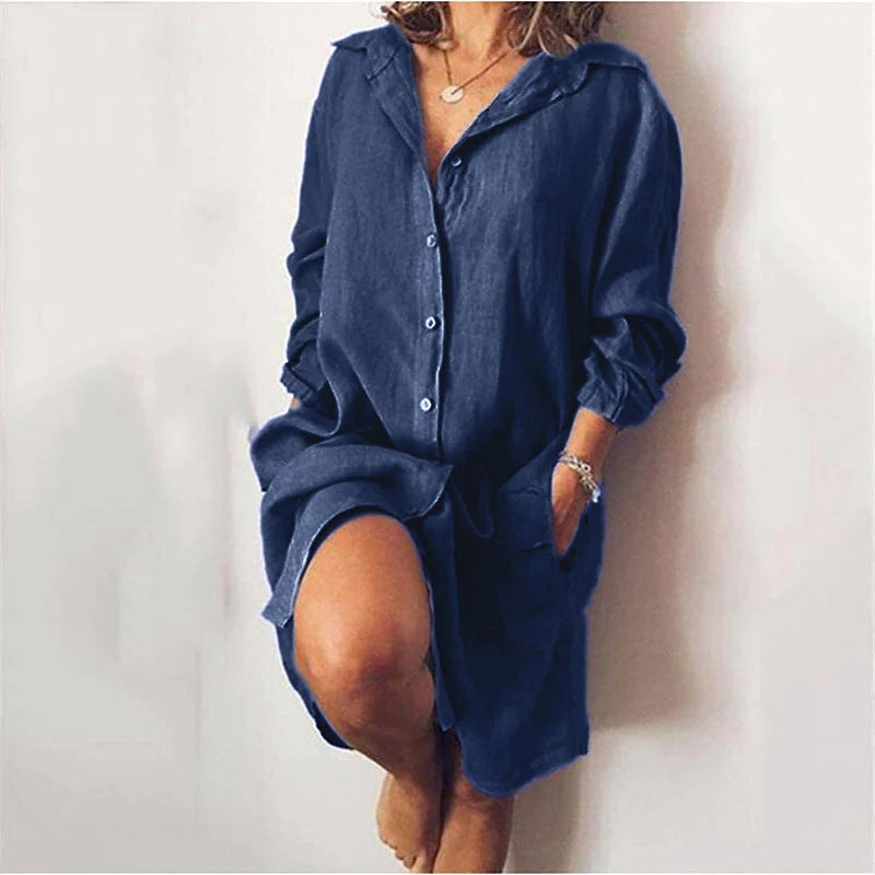 Women's Mid-length Long Sleeve Solid Color Single-breasted Blouse