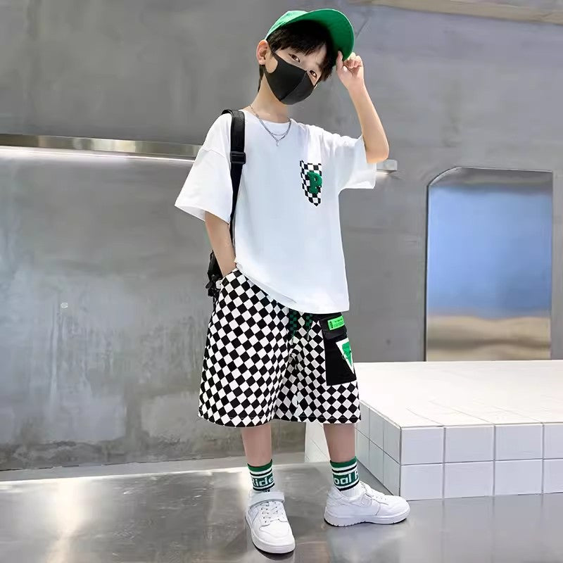 Children's Boy Summer Thin Middle Big Short Sleeve Two-piece Handsome Fashionable Children's Suit