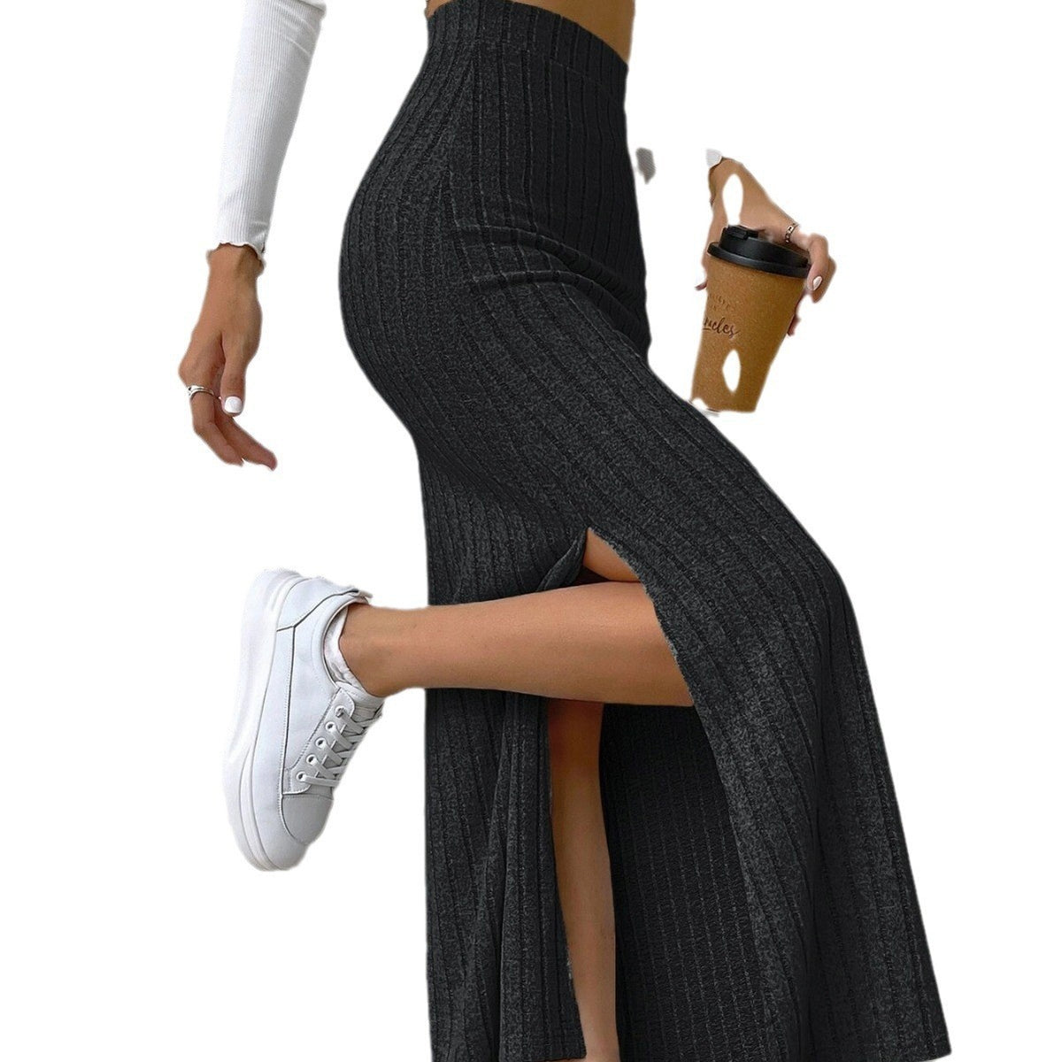 Women's Waist Side Slit Slim Knit Solid Skirt