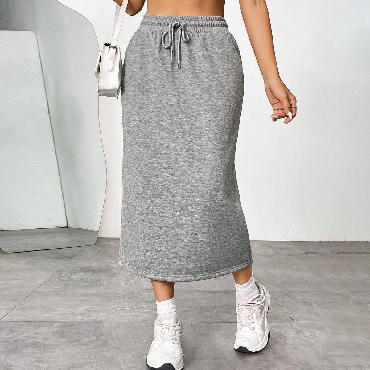 A- Line Pure Color Elastic Waist Mid-length Skirts