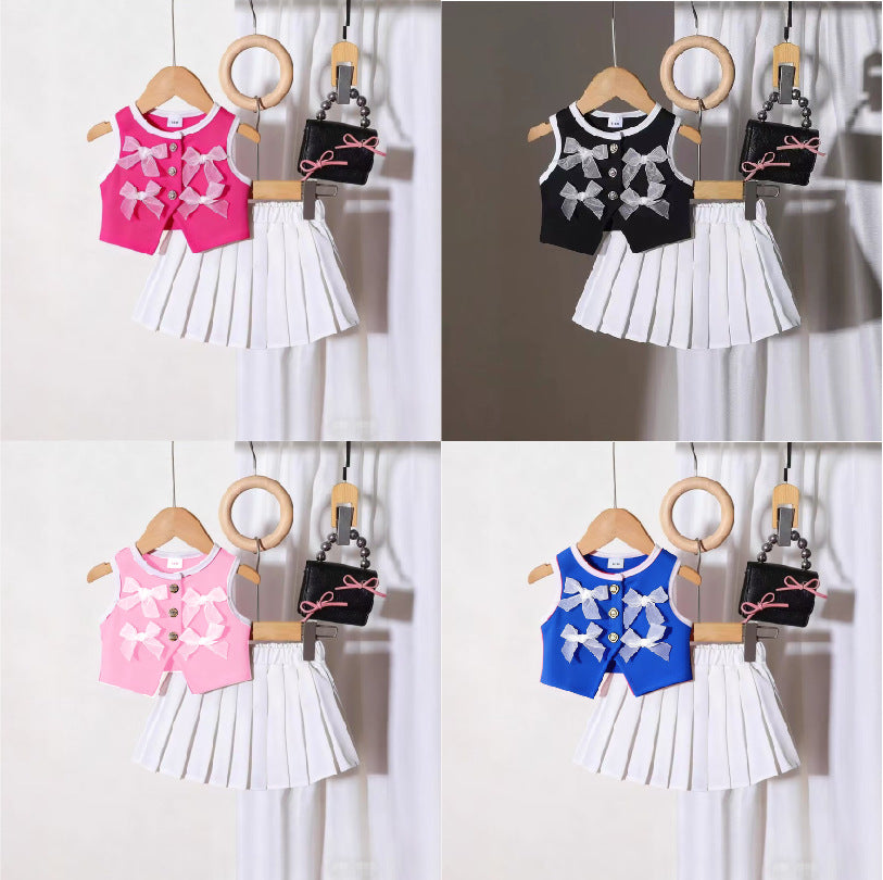 Comfortable Fashion Bow Vest Pleated Skirt Children's Suit