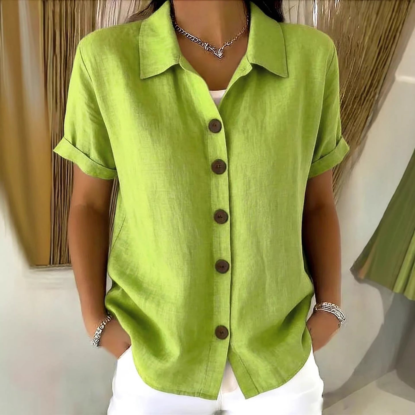 Summer Solid Color Polo Collar Shirt Button Casual Comfortable Shorts