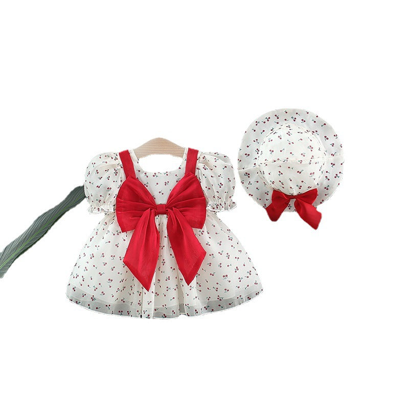 Cherry Princess Puff Sleeve Bow With Sun Children's Dress