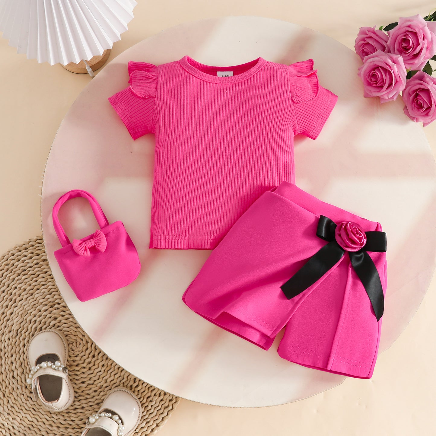 Summer Short Sleeve Sunken Stripe Top Bow Flower Bag Three-piece Children's Suit