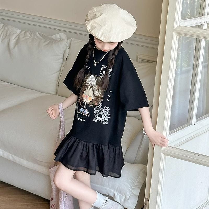 Women's & Children's Cotton Summer Western Style Cartoon T-shirt Skirt Teenager Clothing Children's Dress