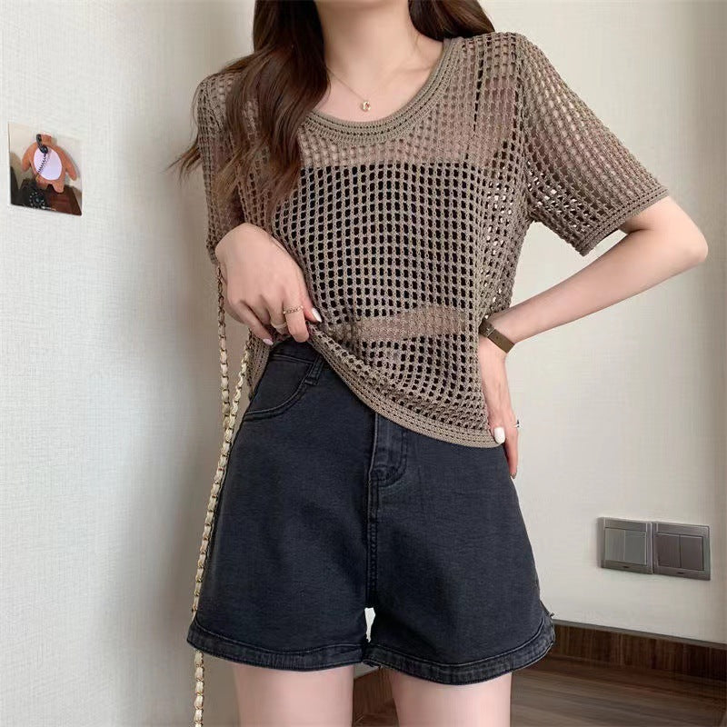 Women's Loose Sun Protection Shoulder Shirt Round Neck Mesh Hollow Women's T-shirt