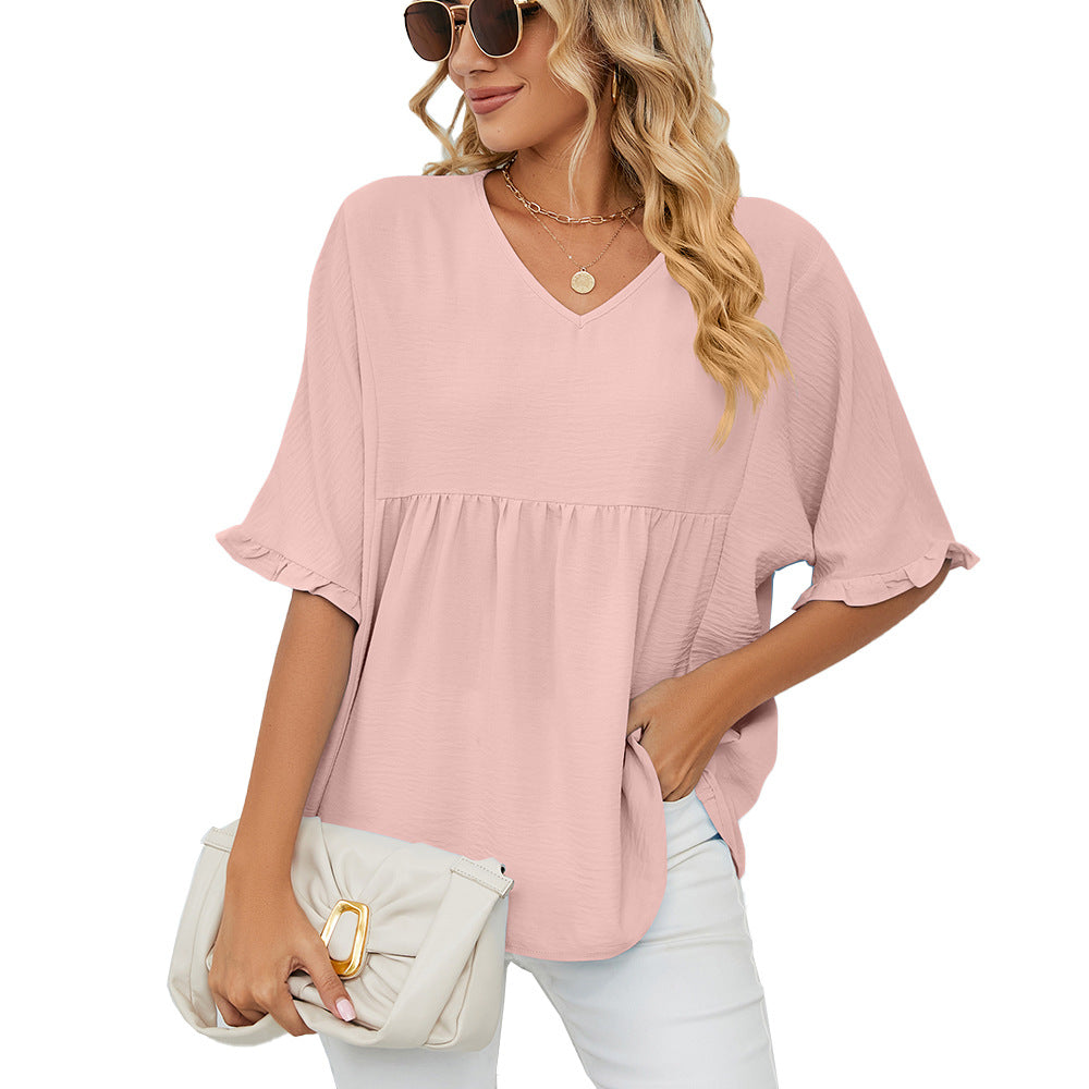 Women's Summer Solid Color Loose Pleated Stitching Half Lace Shirt, Chiffon Shirt