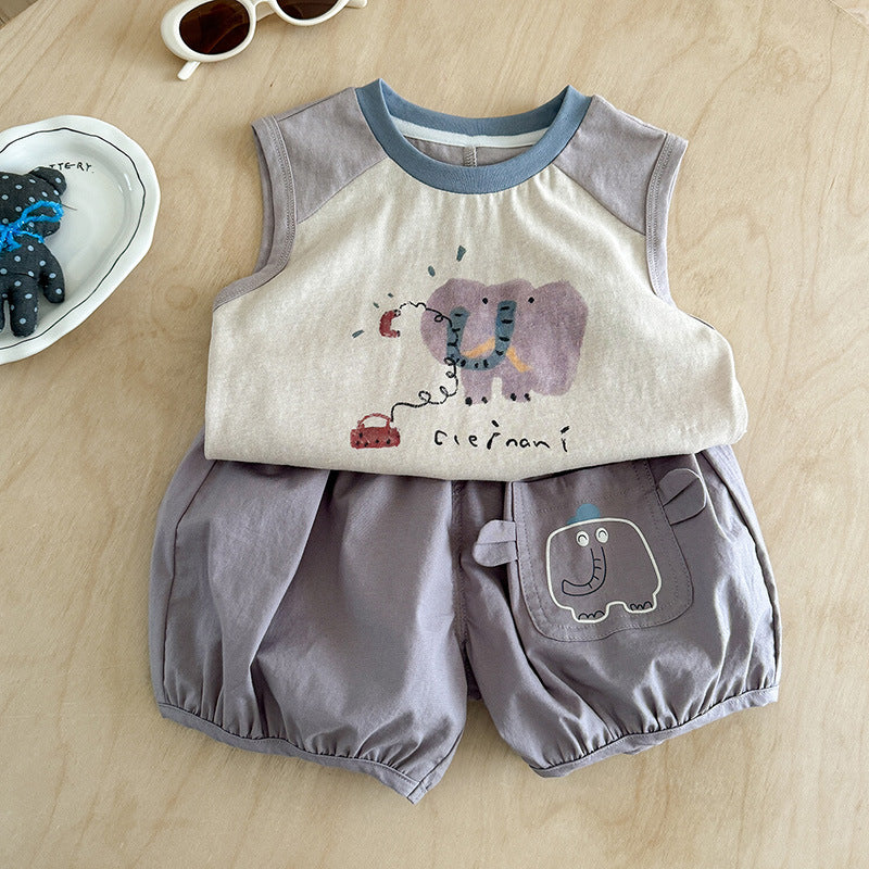 Summer Cartoon Sleeveless T-shirt Shorts Two-piece Set Clothes Children's Suit