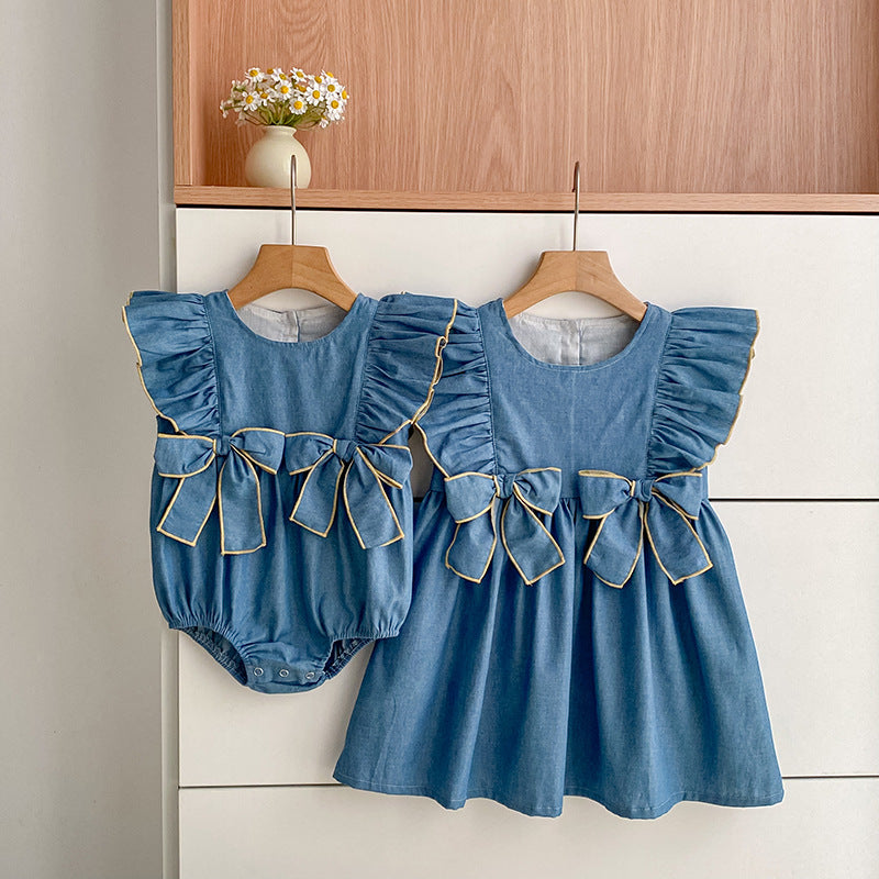 Children's Summer Korean Style Bow Sleeveless Denim Clothes For Babies Jumpsuit Children's Dress