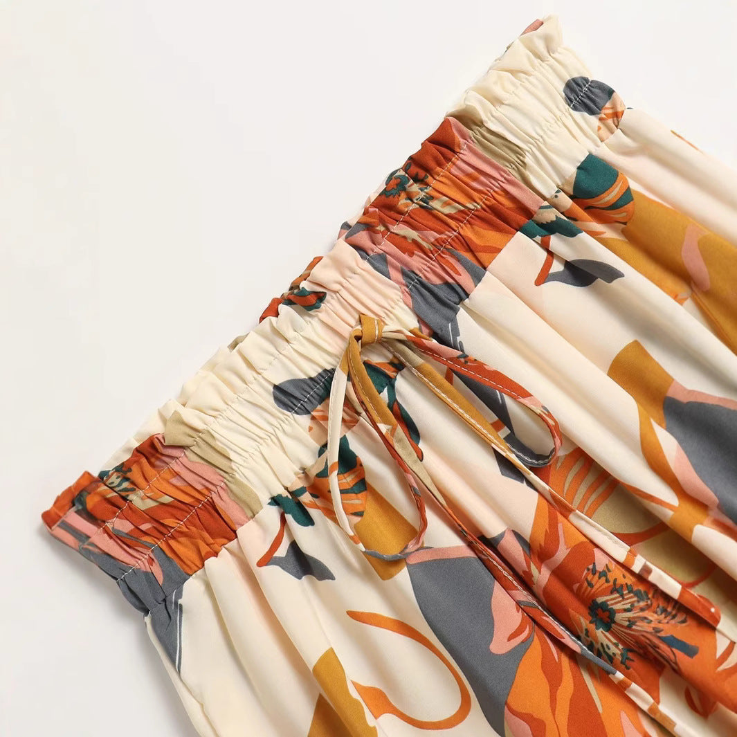 Elastic Waist Printing Long Swing Umbrella Skirts