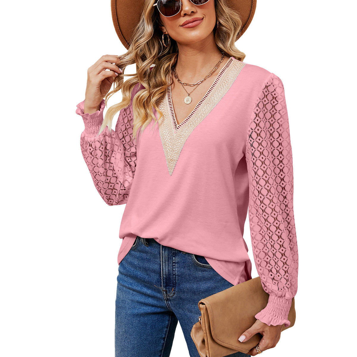 Attractive Women's Lace Patchwork Loose Long-sleeved Women's T-shirt