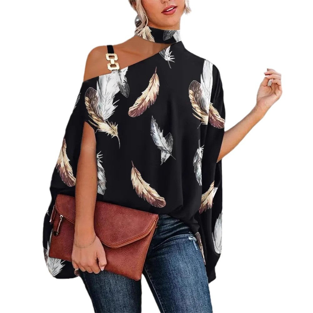 Women's Short-sleeved Summer Bat Print Halter Lace Shirt, Chiffon Shirt