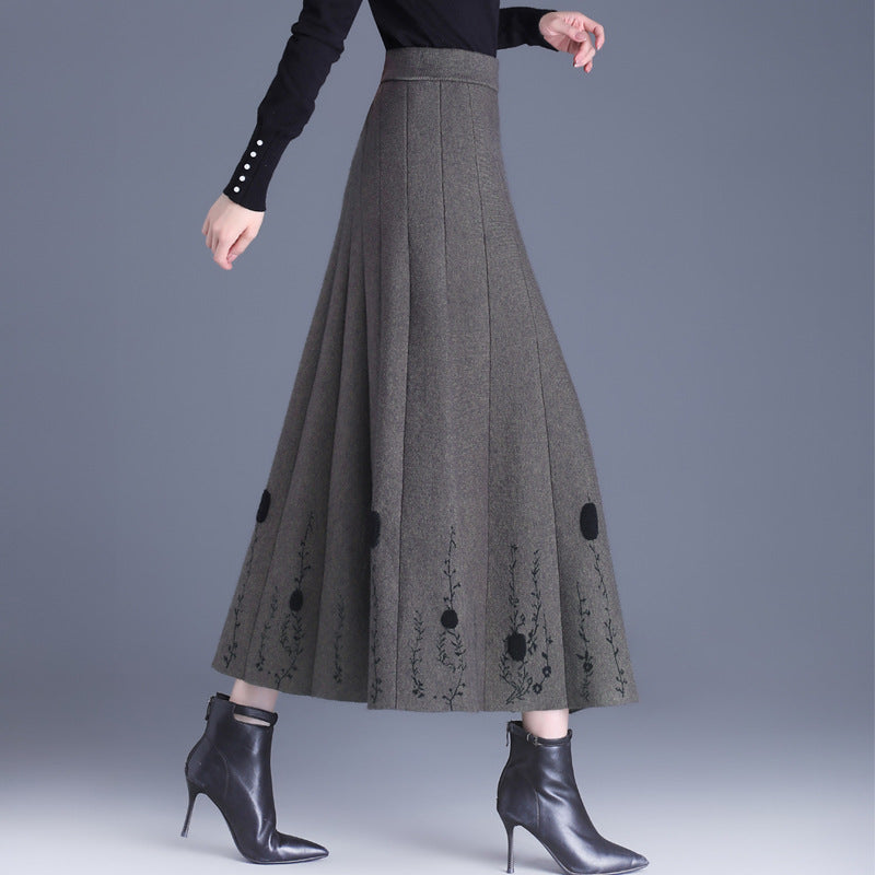 Women's High Waist Wool Big Hem A- Line Knitted Dress Pleated Skirt