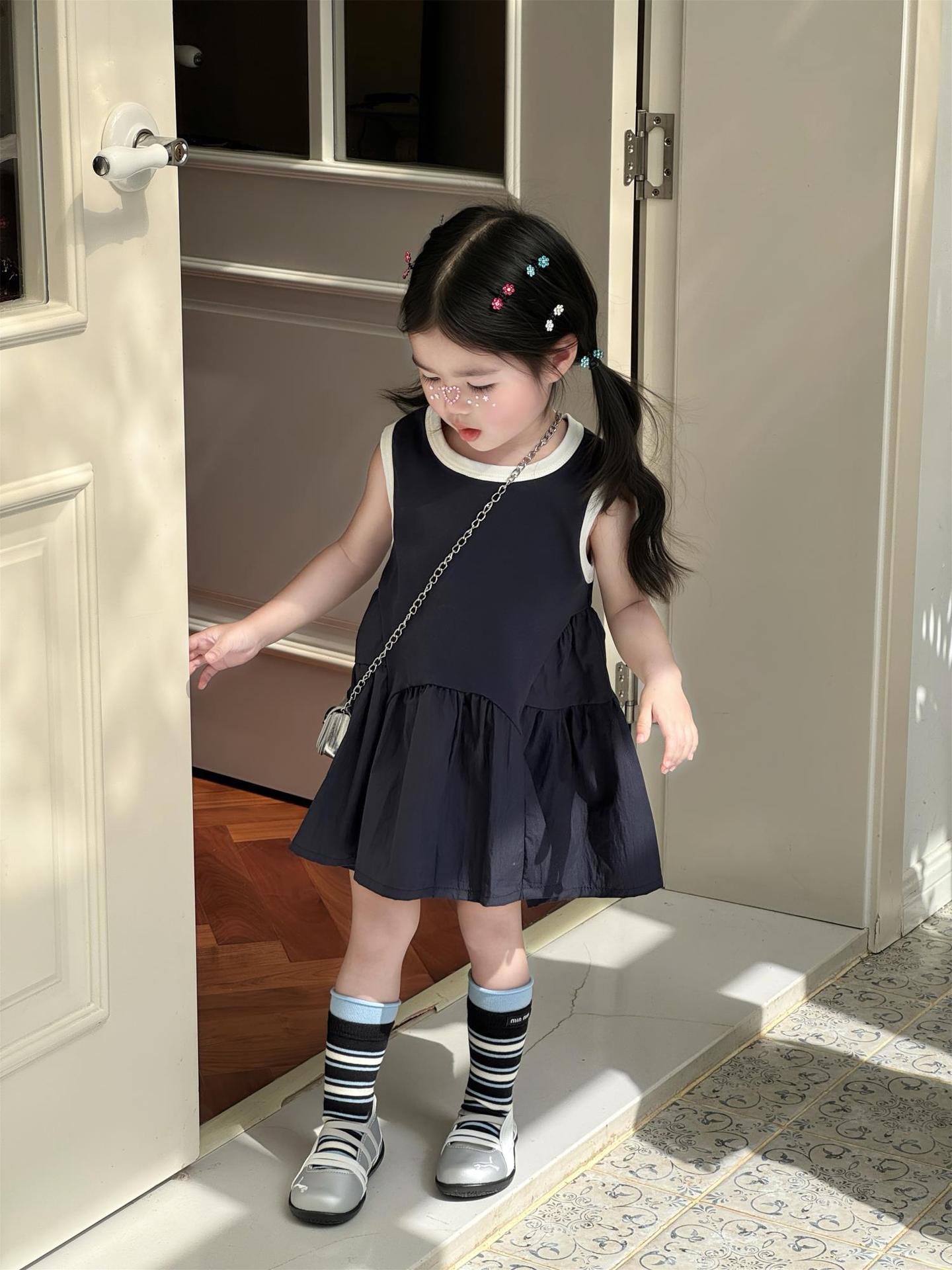 Western Style Ruffled Hem Crew Neck Navy Blue Vest Children's Dress