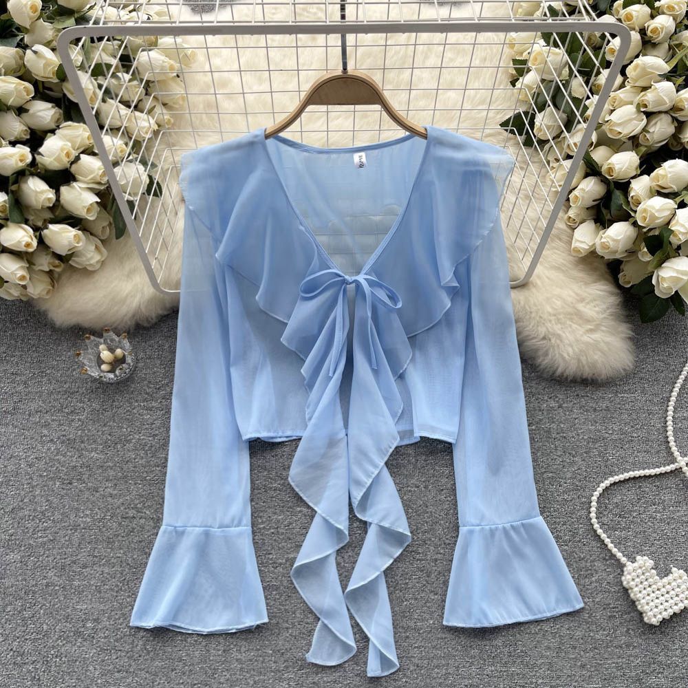 Women's Style Super Fairy Mesh Bow Strap Lace Shirt, Chiffon Shirt