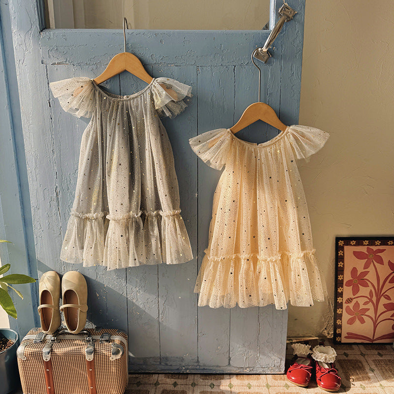 Children's Sweet Birthday Star Mesh Korean Princess Flounced Sleeve Bubble Children's Dress