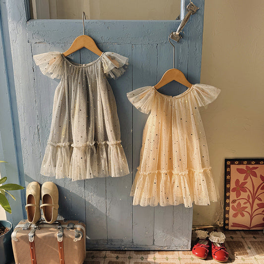 Children's Sweet Birthday Star Mesh Korean Princess Flounced Sleeve Bubble Children's Dress