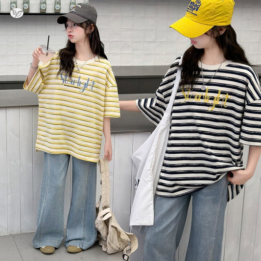 Children's Casual Summer Medium Large Striped Letters Short Sleeve Loose Half Children's Suit