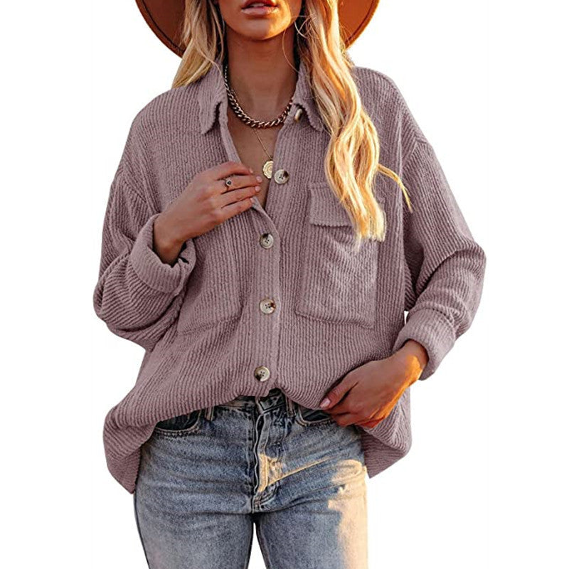 Women's Solid Color Loose Corduroy Lapel Double Pocket Long Coats