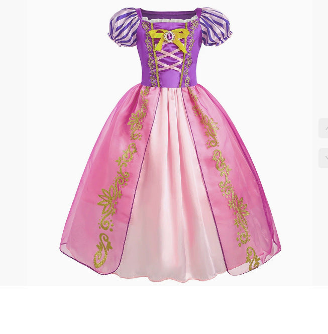Children's Long Hair Princess Golden Big Bow Children's Dress