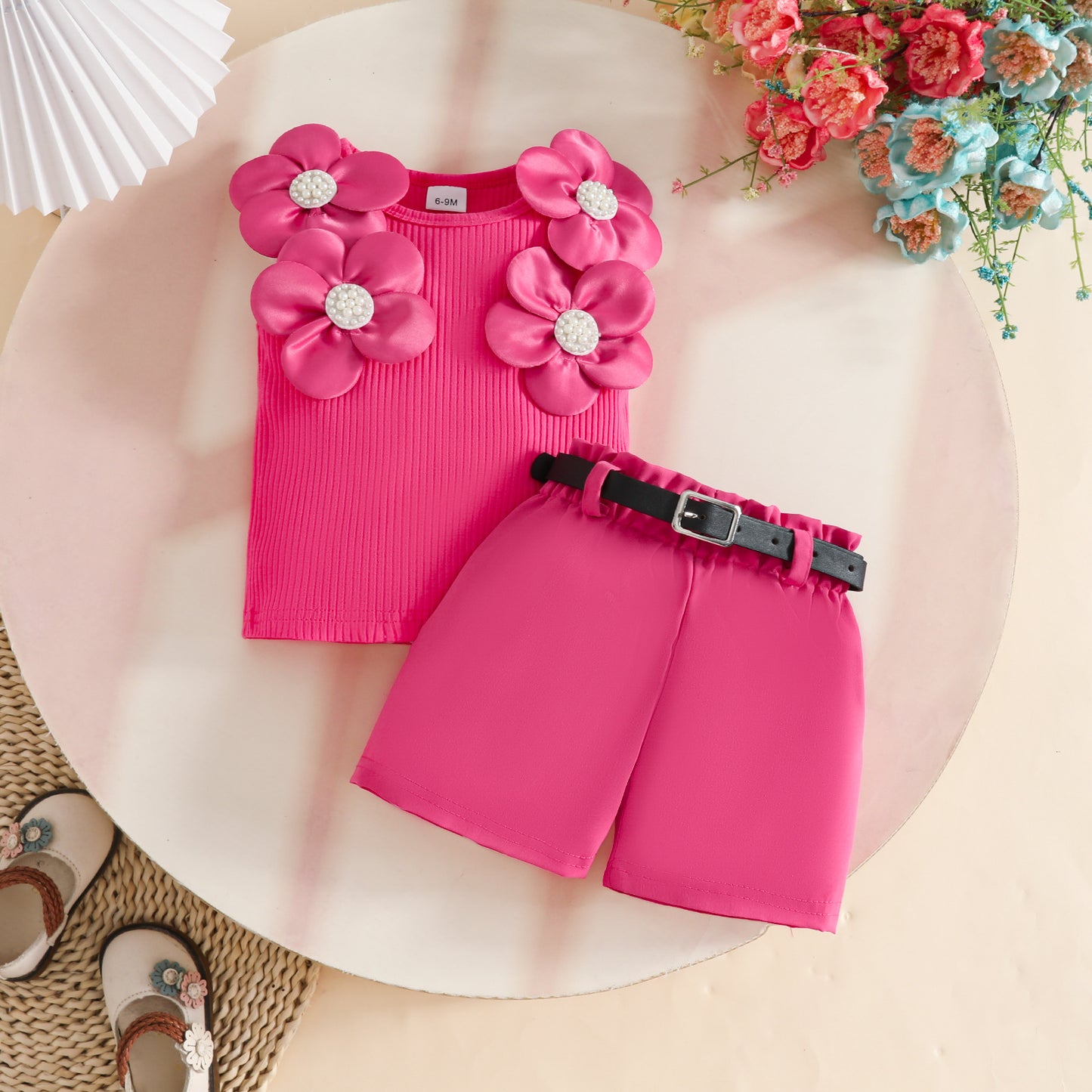 Sleeveless Big Flower Sunken Stripe Top Belt Children's Suit