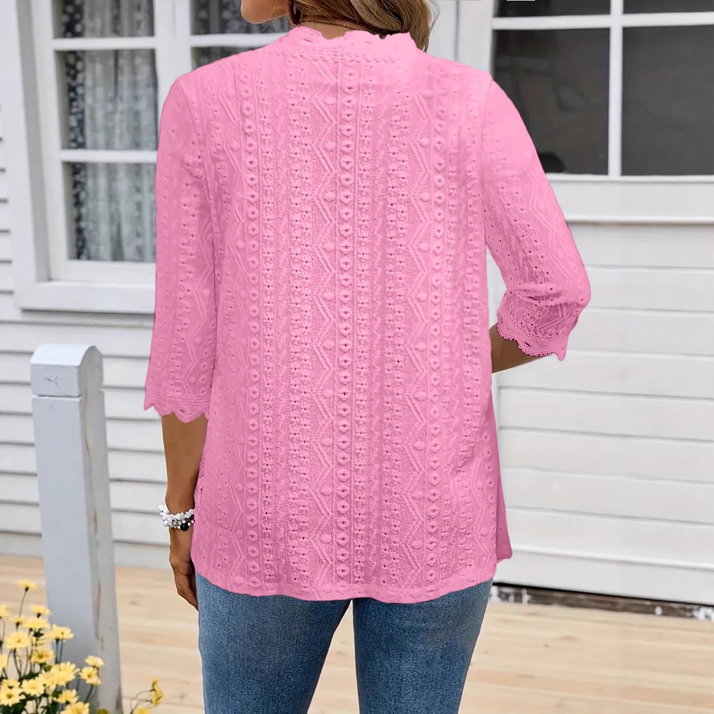 Women's Half Sleeve Knitted Hollow Lace Neckline Women's T-shirt