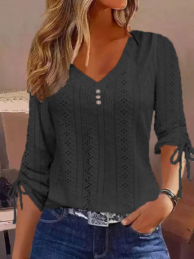 Innovative Solid Color Jacquard Button Long-sleeved Women's T-shirt