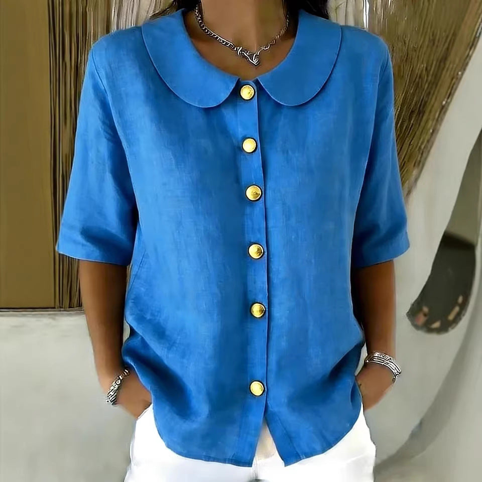 Women's Summer Elegant Fashion Button Linen Short-sleeved Blouse