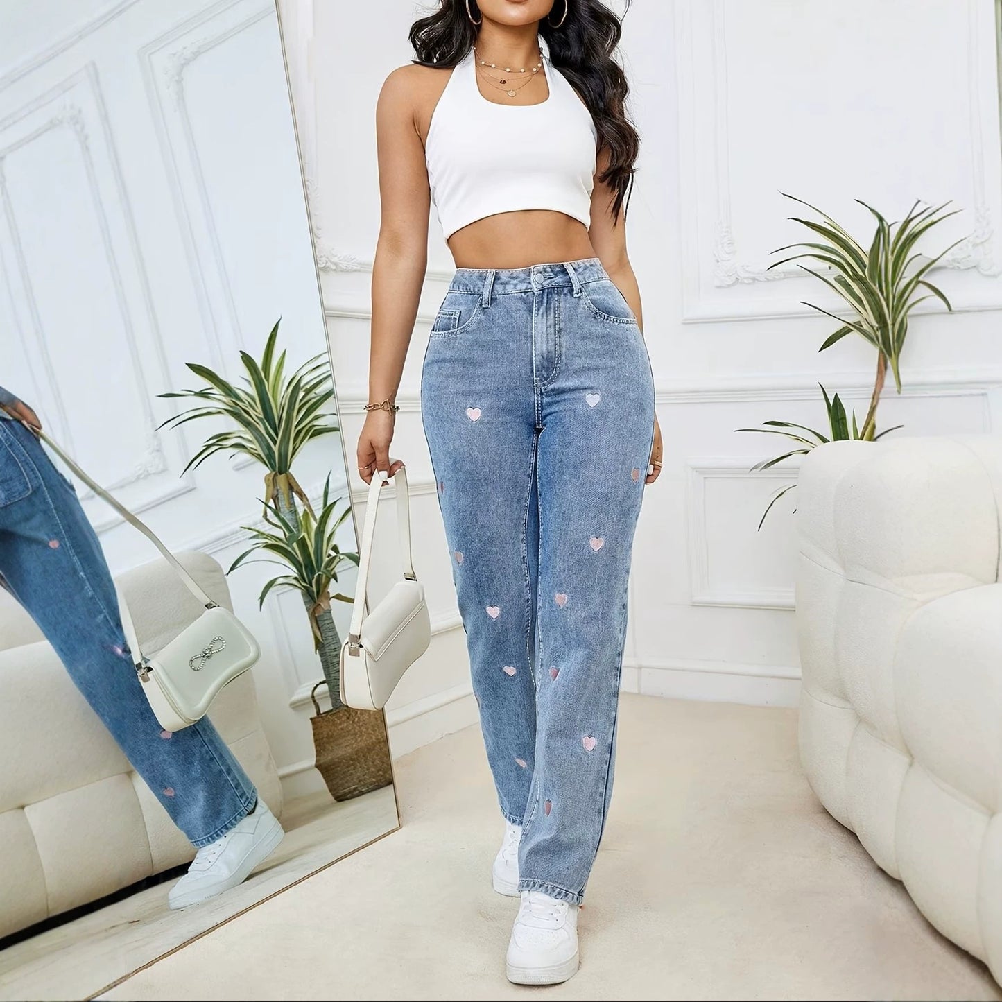 Women's Love Embroidered Straight Loose Elastic Denim Women's Jeans