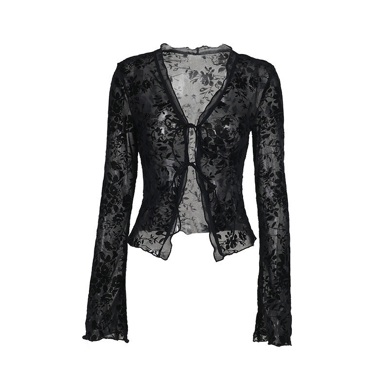Women's Fashion Classic Style Elegant Pleated Bell Sleeve Lace Shirt, Chiffon Shirt
