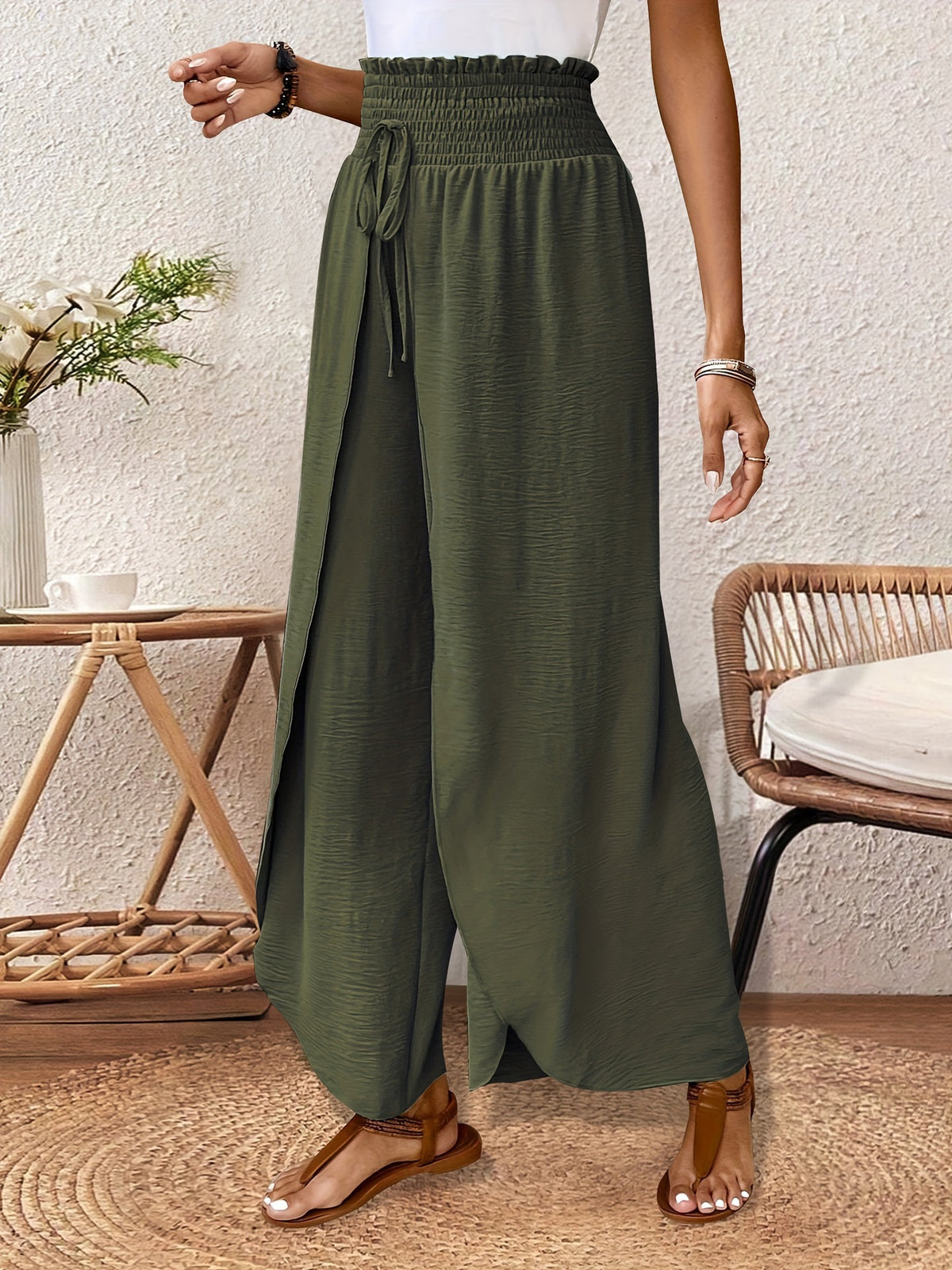 Women's Elegant Split Trousers Loose Waist Drawstring Casual Pants