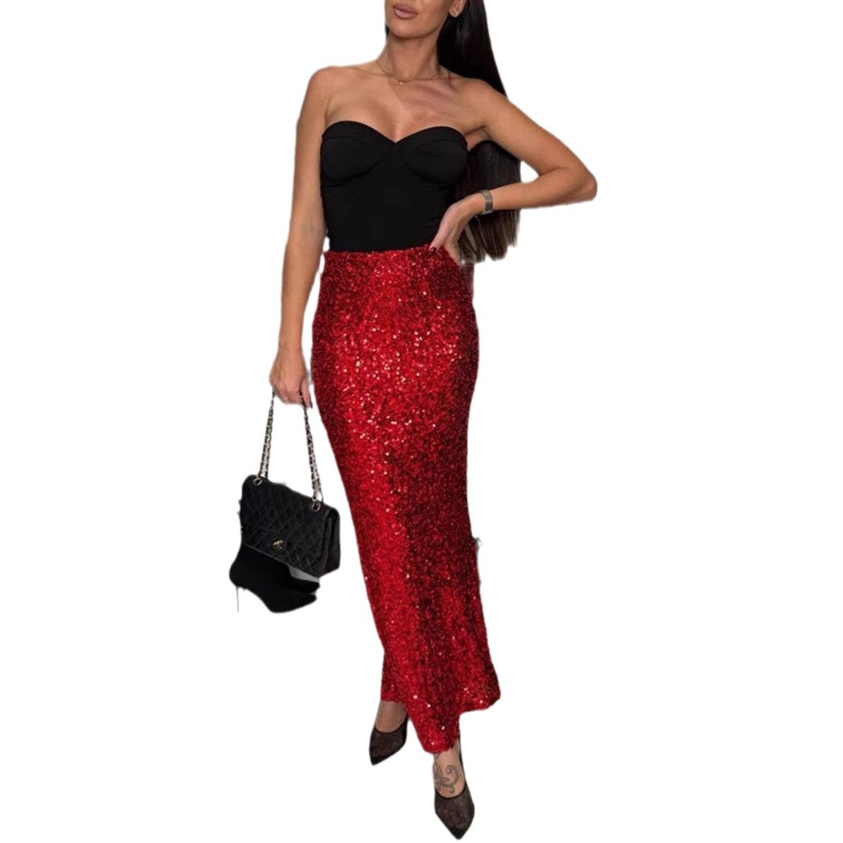 Women's High Waist Pure Color Sequined Midi Skirt