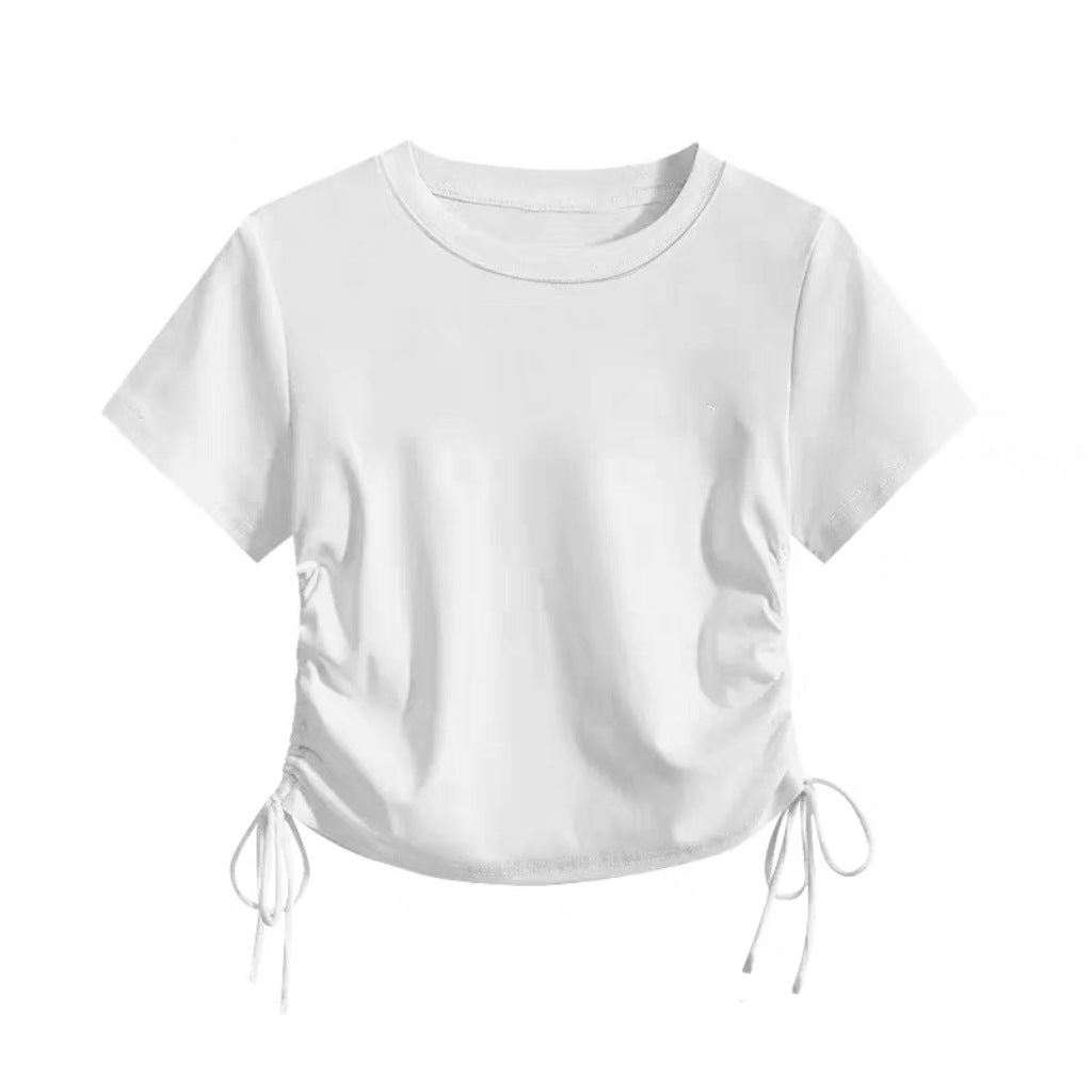 Women's Neck Drawstring Slimming Short-sleeved Design Sense Korean Slim Bottoming Shirt Women's T-shirt