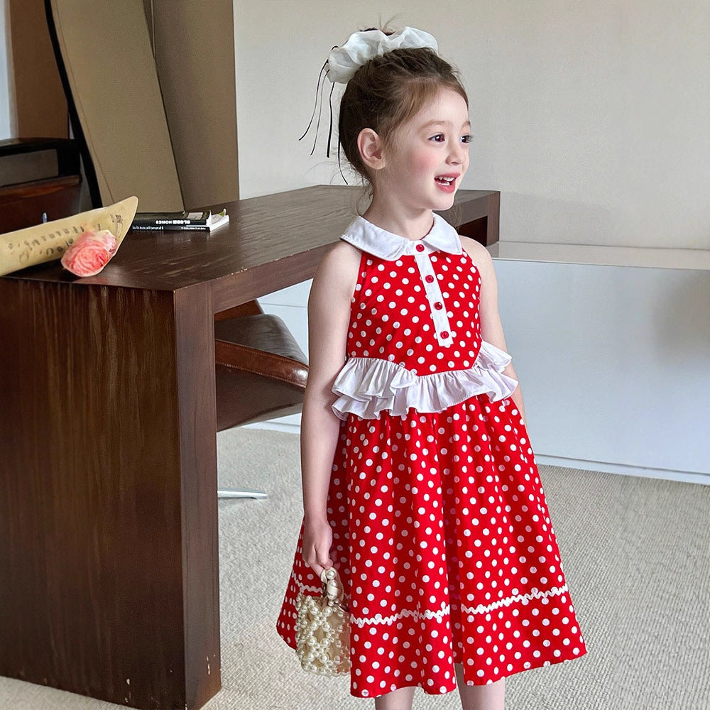 Summer Vacation Style Polka Dot Halter Children's Dress
