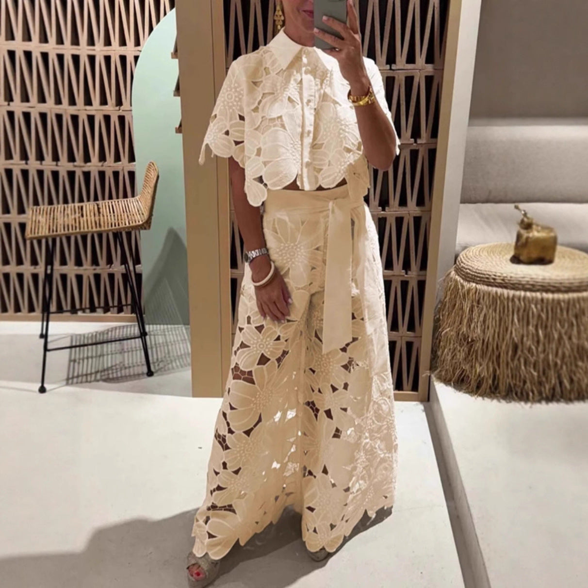Women's Color Sexy Cutout Wide Leg Two-piece Cardigans