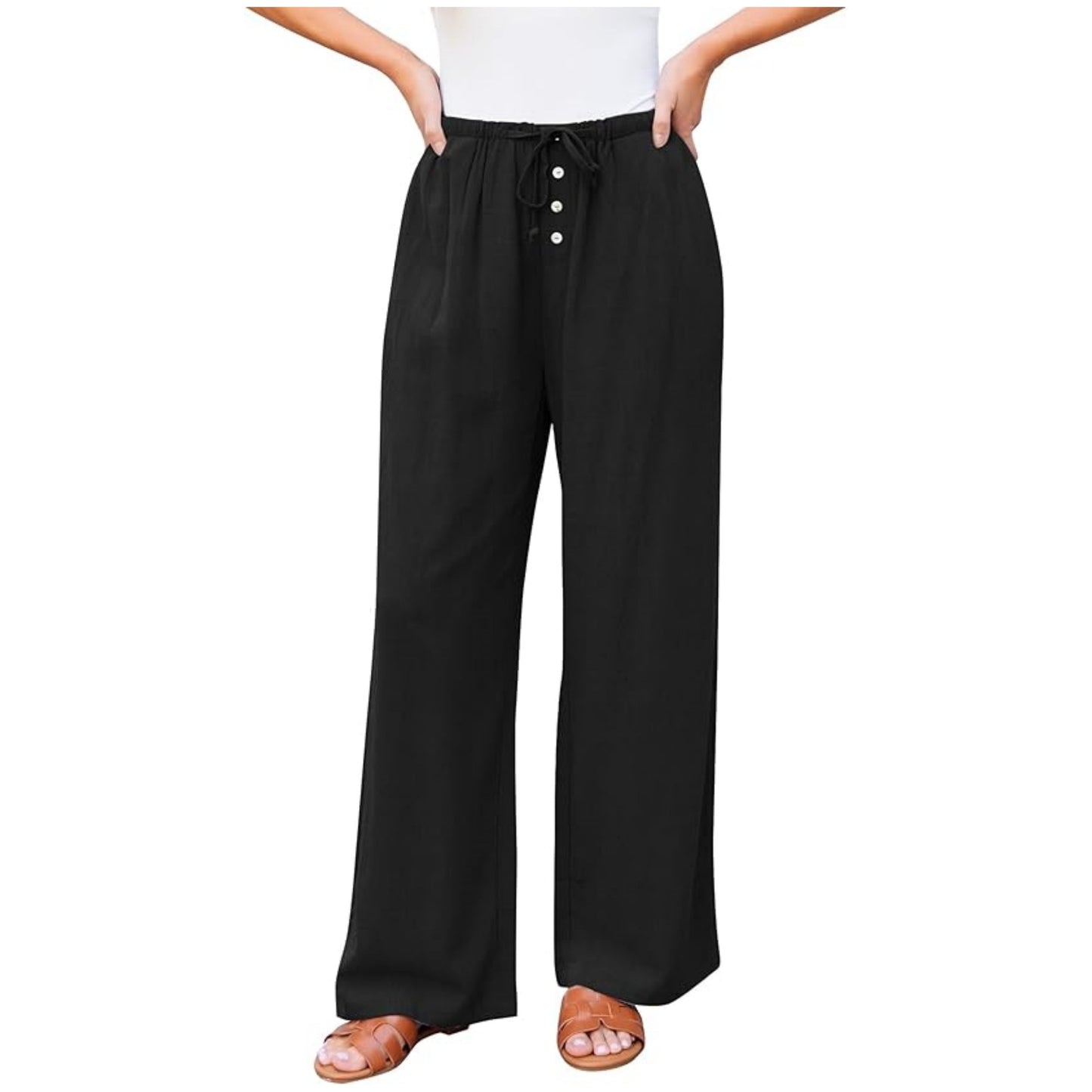 Women's High Waist Comfortable Wide Leg Drawstring Pocket Button Casual Pants