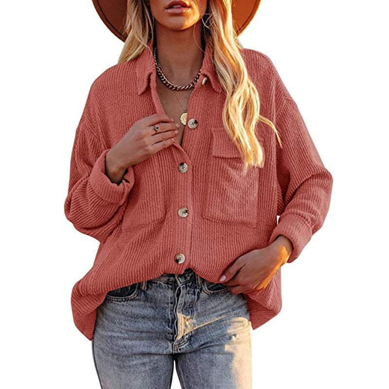 Women's Solid Color Loose Corduroy Lapel Double Pocket Long Coats