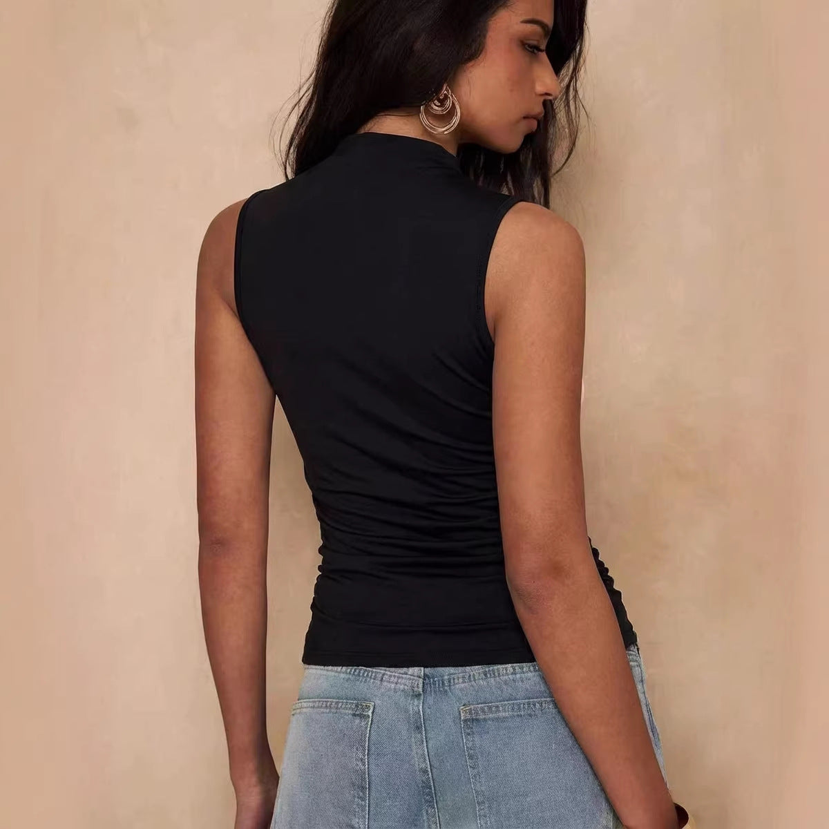 Metal Buckle Solid Color Slim Fit Irregularly Tops