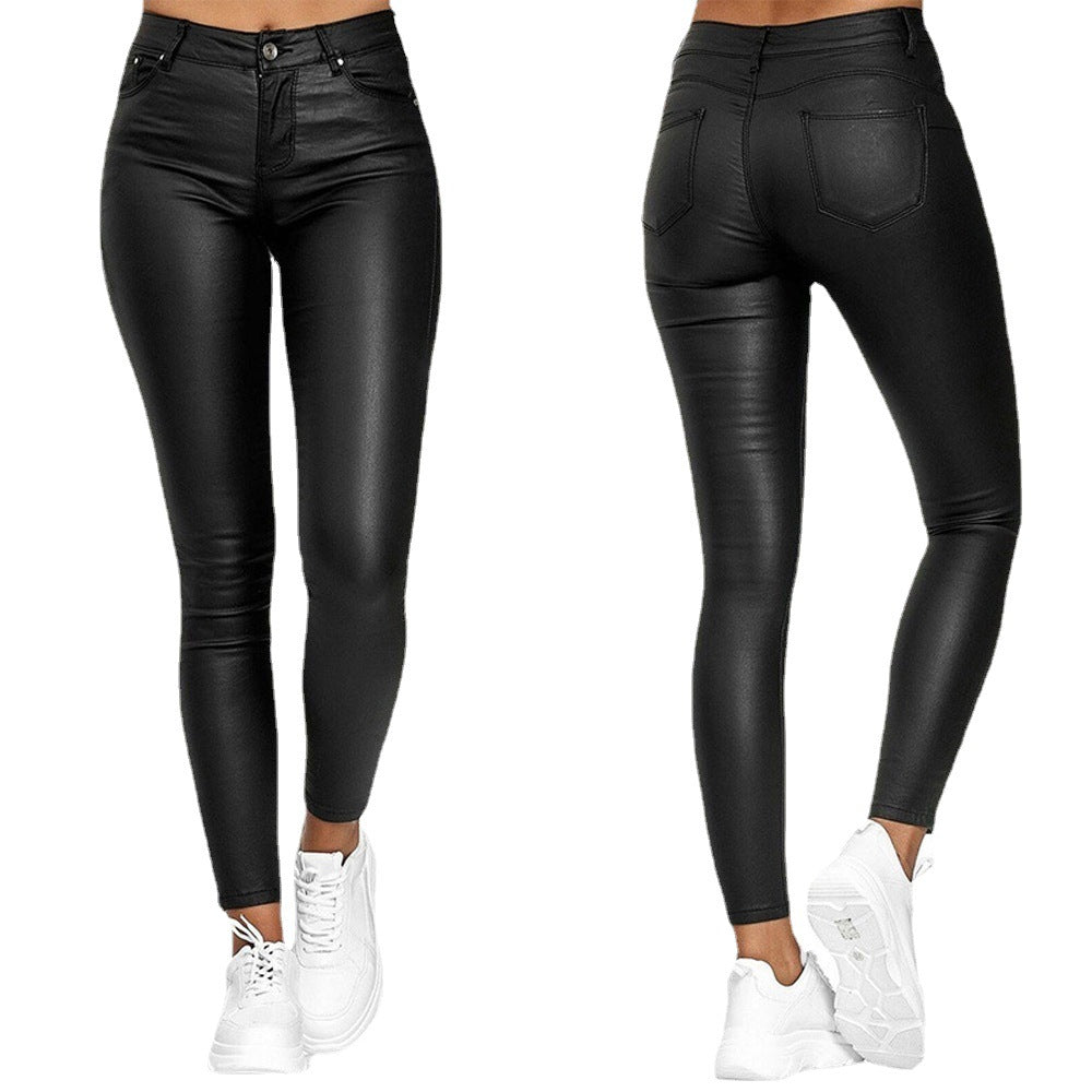Women's High Waist Pure Color Leather Skinny Casual Pants