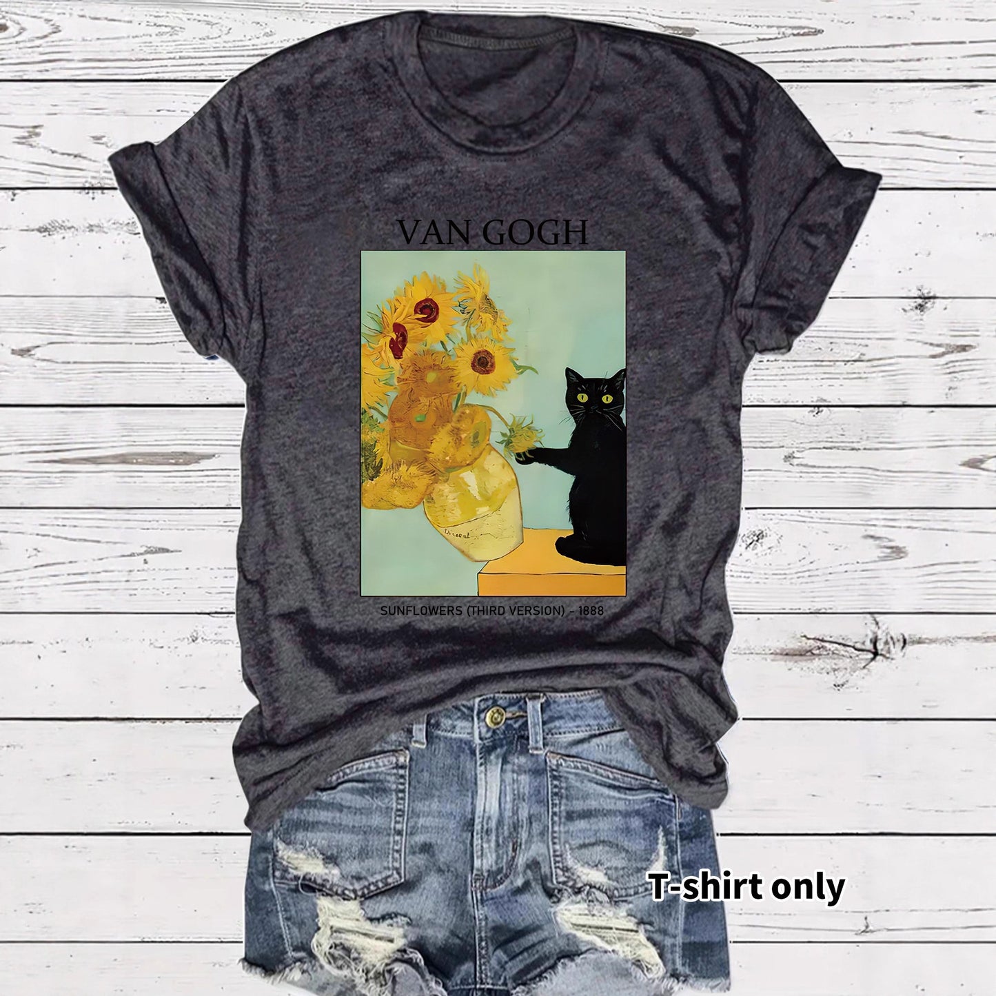 Women's Van Gogh Sunflower Cat Art Print Loose Casual Round Neck Women's T-shirt