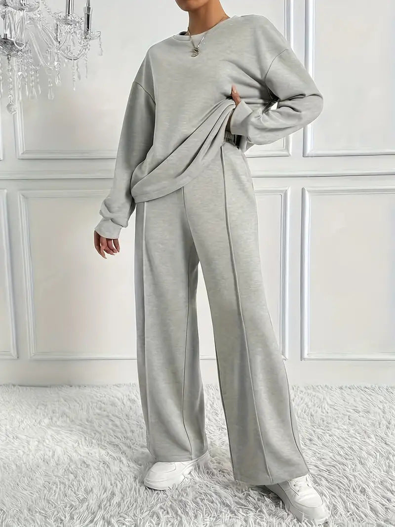 Women's Solid Color Round Neck Long-sleeved Trousers Fashion Casual Suit