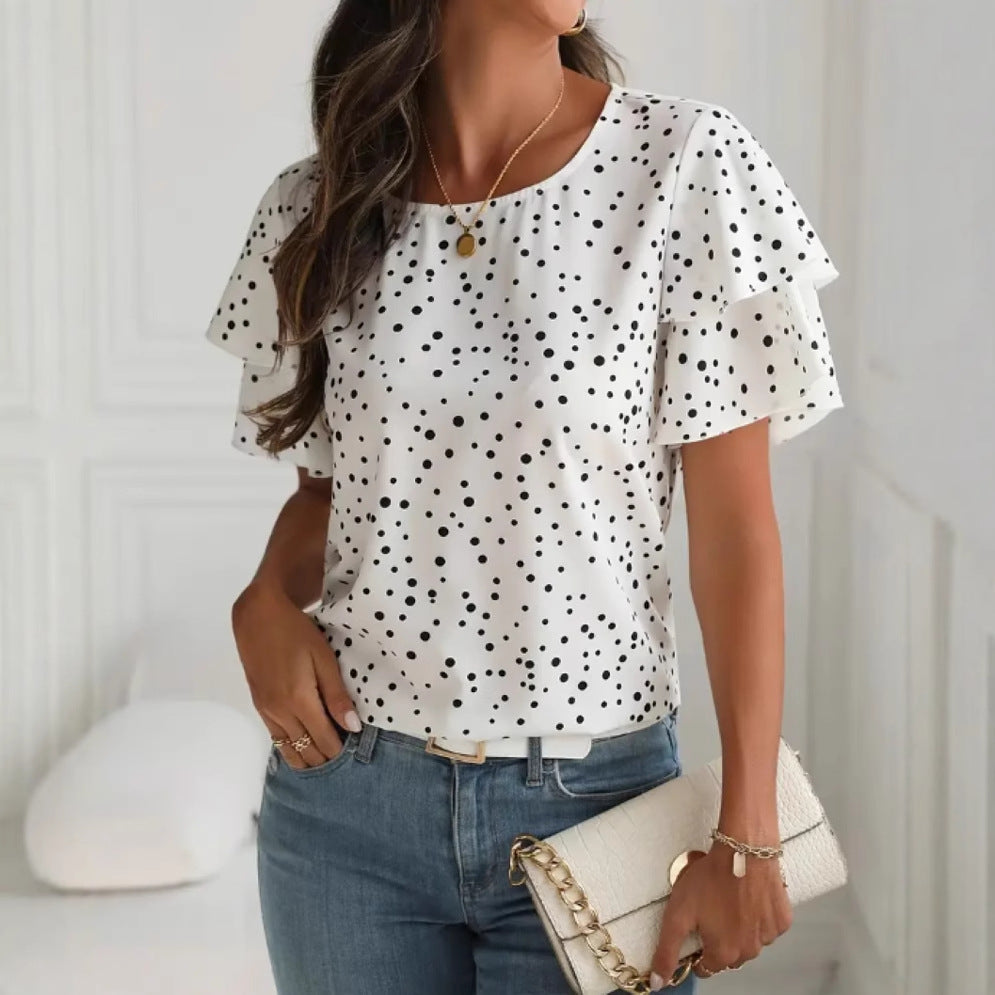 Women's Summer Princess Sleeves Polka Dot Printed Large Size T-shirt