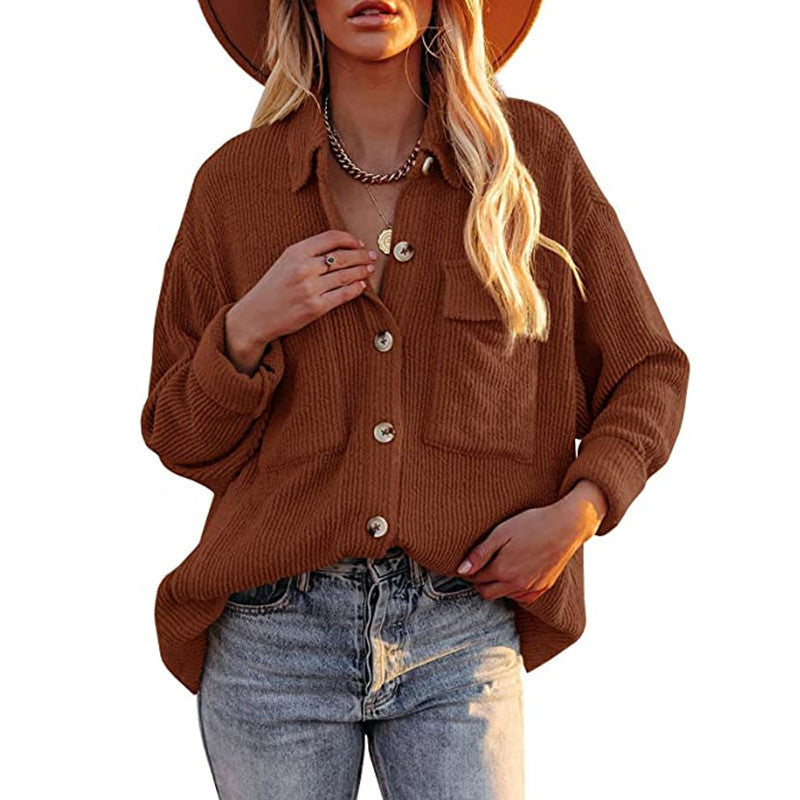Women's Solid Color Loose Corduroy Lapel Double Pocket Long Coats
