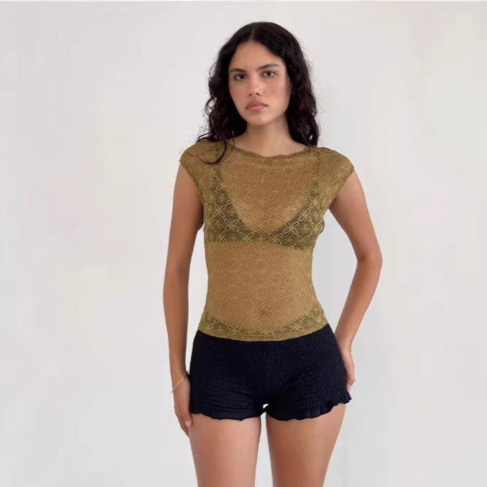 Women's Solid Color Splicing Pullover French Square Lace Shirt, Chiffon Shirt