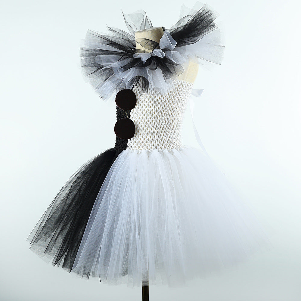 Children's Halloween Black White Clown Mesh Bubble Skirt Autumn Performance Children's Dress