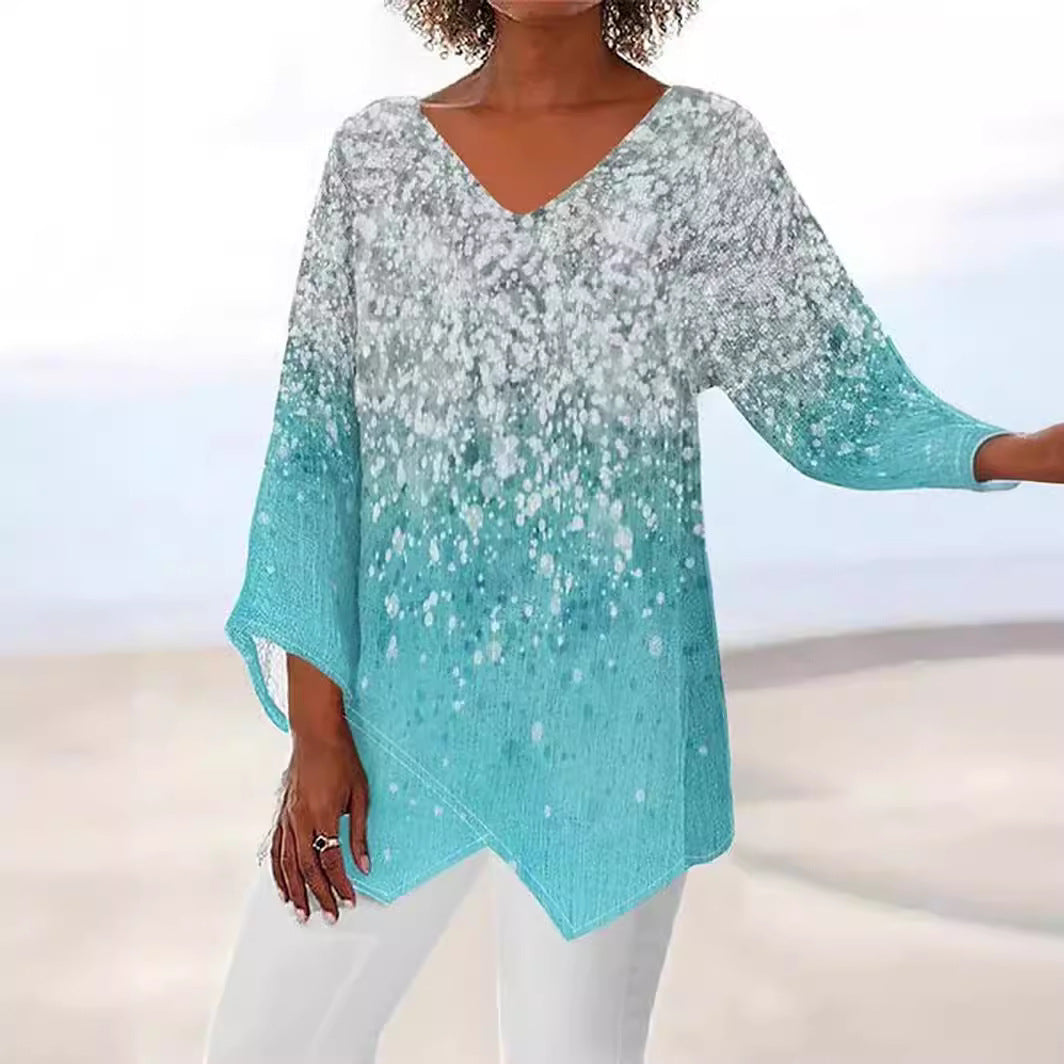 Women's Leisure Loose Irregular Printed Long Sleeve Tops