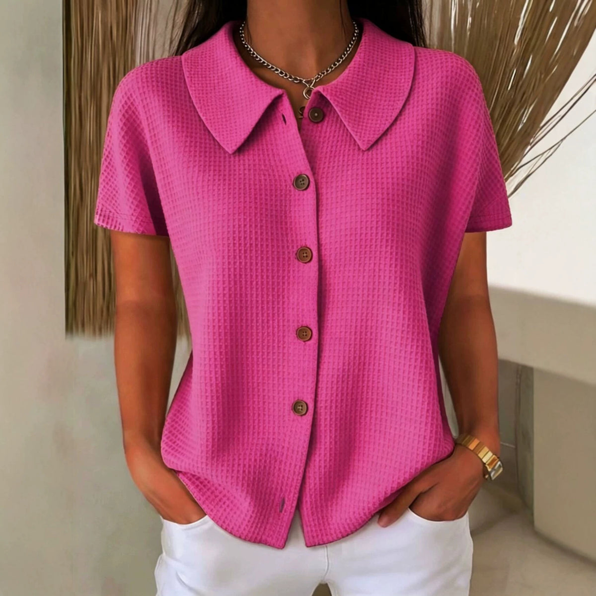 Fashion Elegant Lapel Waffle Solid Color Casual Sleeve Shorts