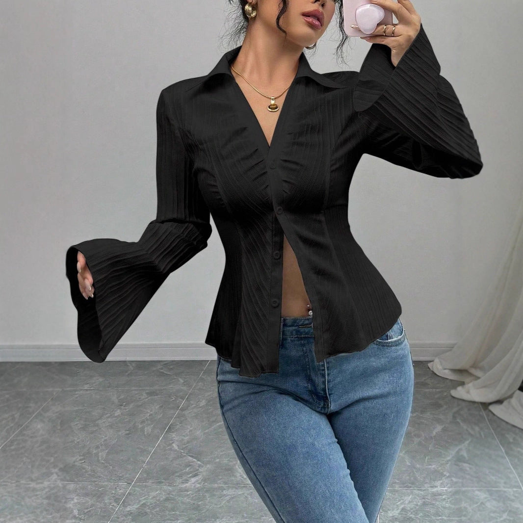 Women's European Elegant Single-breasted Solid Color Striped Blouse